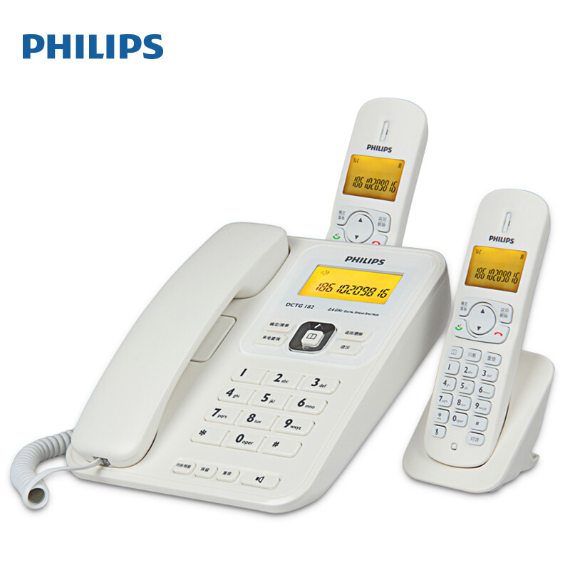 飛利浦(PHILIPS）無繩電話機 無線座機 子母機 辦公家用 中文菜單 雙免提 三方通話 DCTG182一拖二(白色)