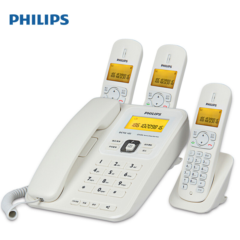  飛利浦(PHILIPS）無繩電話機 無線座機 子母機 辦公家用 三方通話 中文菜單 雙免提 DCTG182一拖三(白色)