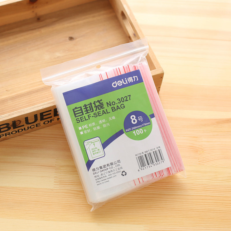 得力（deli） 3027 自封袋(透明)-8號(100個/包)240ｘ170mm0.04mm_http://www.nebao.cn/img/sp/206/8c57c53e-24cf-4d6c-a371-3fd0c02cb402.jpg
