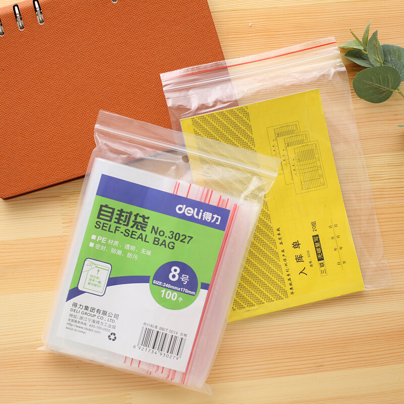 得力（deli） 3027 自封袋(透明)-8號(100個/包)240ｘ170mm0.04mm_http://www.nebao.cn/img/sp/206/a2277e6f-d2ba-4dc4-a8c6-023c38ce1f8a.jpg