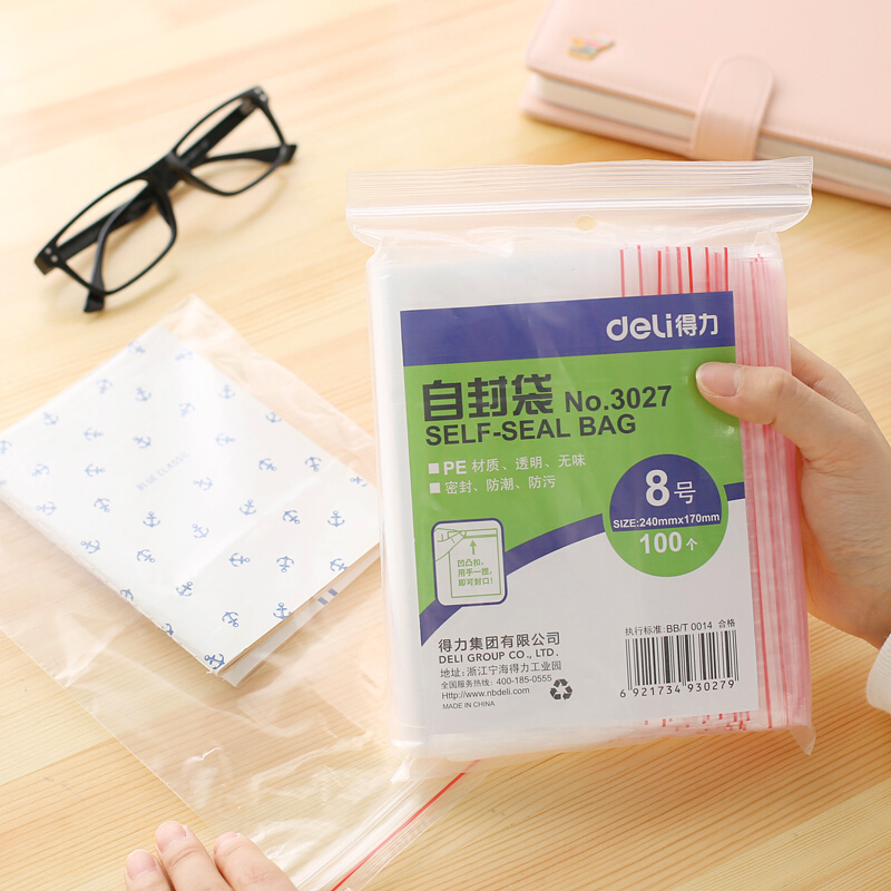 得力（deli） 3027 自封袋(透明)-8號(100個/包)240ｘ170mm0.04mm_http://www.nebao.cn/img/sp/206/af8befdc-1ad5-4329-9360-ce721e30343f.jpg