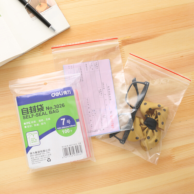 得力（deli） 3026 自封袋(透明)-7號(100個/包)200ｘ140mm0.04mm_http://www.nebao.cn/img/sp/206/c5f1a81b-3433-4b02-b273-1880ed038910.jpg
